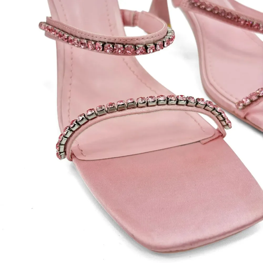 Ted Baker Rinita Pink Satin Rhinestone Kitten Heel Sandals - Size US 6.5 / EU 37